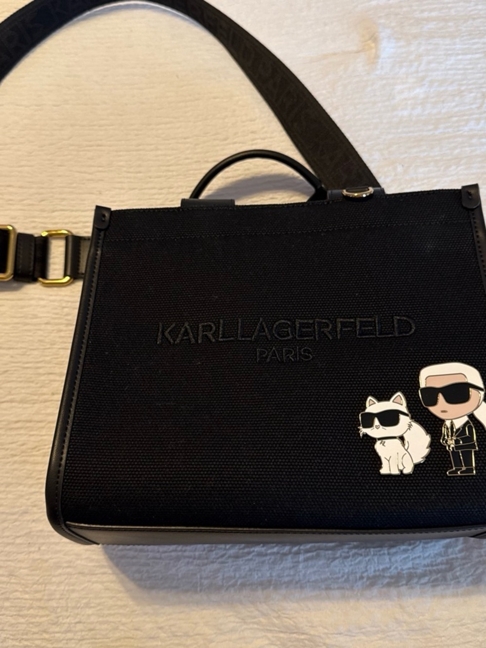 Karl Lagerfeld Black Canvas Messenger Bag with Character Decal